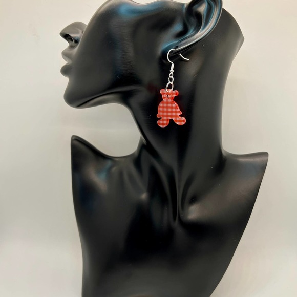 Teddy Bear Earrings - Baby Shower Earrings - Gender Reveal Earrings - Plaid Bear - Picture 5 of 10